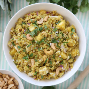 Curry Cashew Chicken Salad in a white bowl