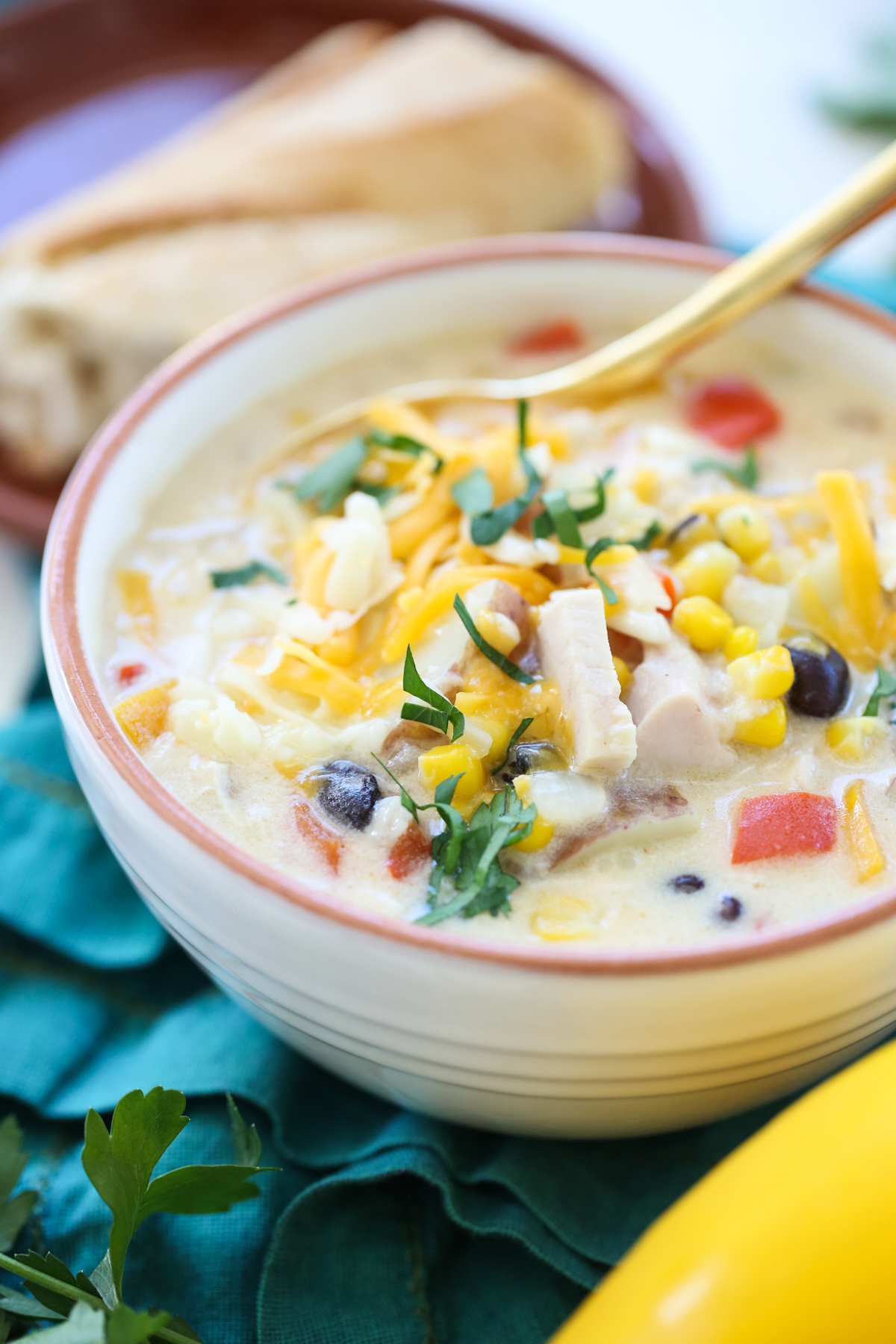 creamy chicken soup in a bowl with mexican toppings