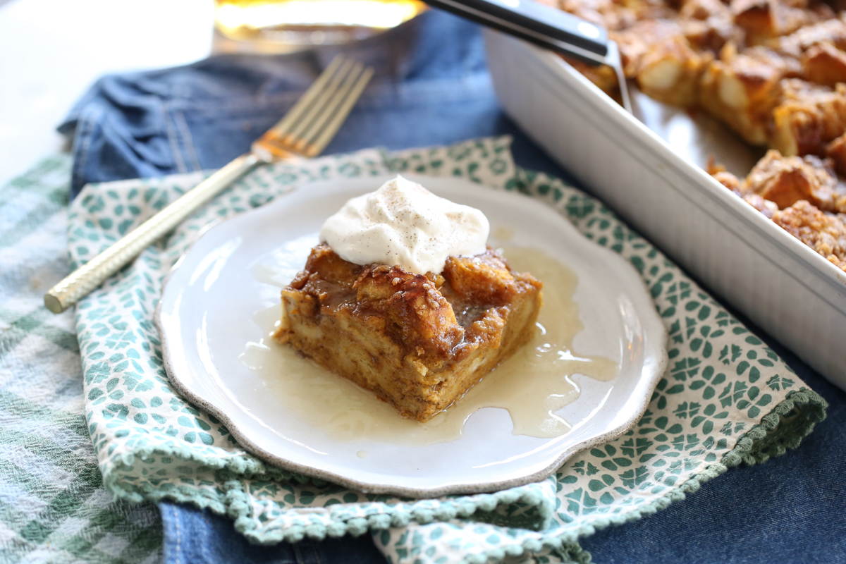 cut baked pumpkin french toast on a white plate