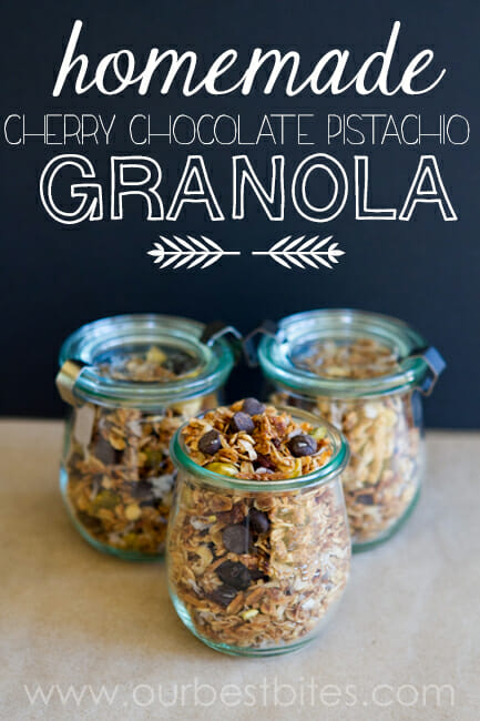 Homemade Granola with dark chocolate, cherries, and pistachios from Our Best Bites