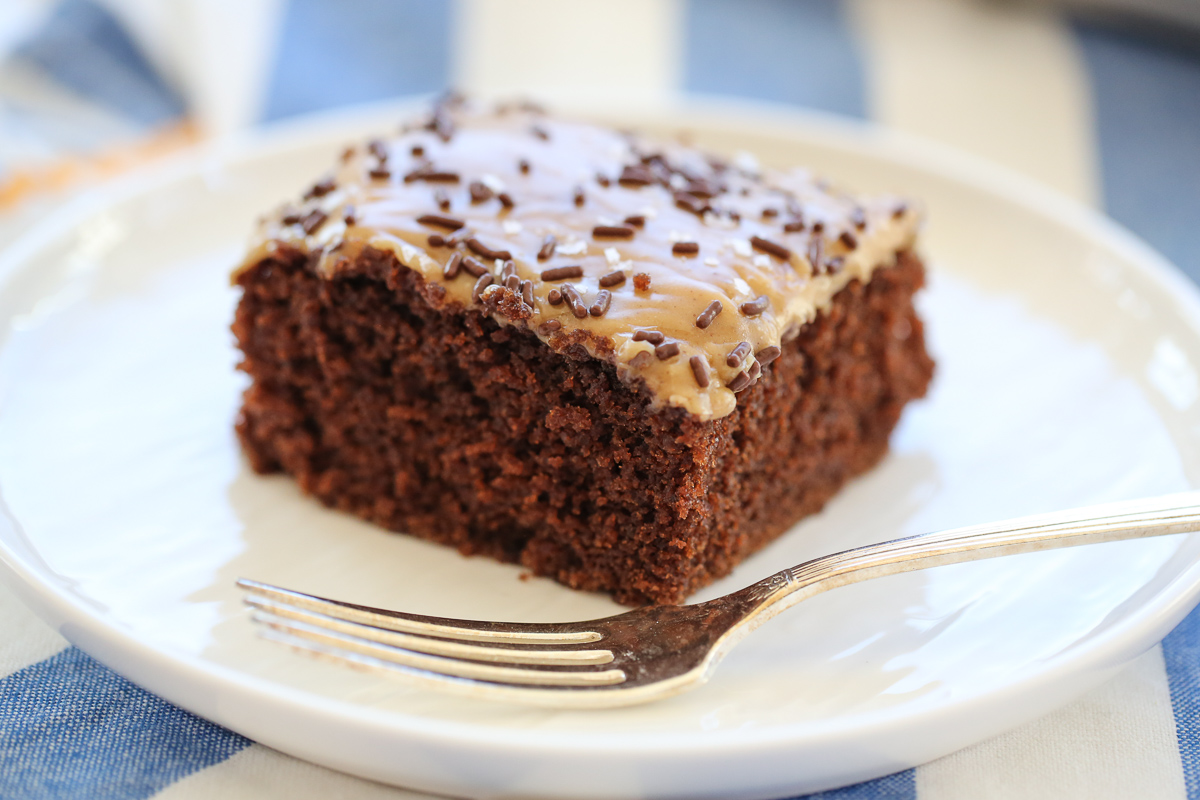 slice of chocolate cake with peanut butter frosting and sprinkles on top