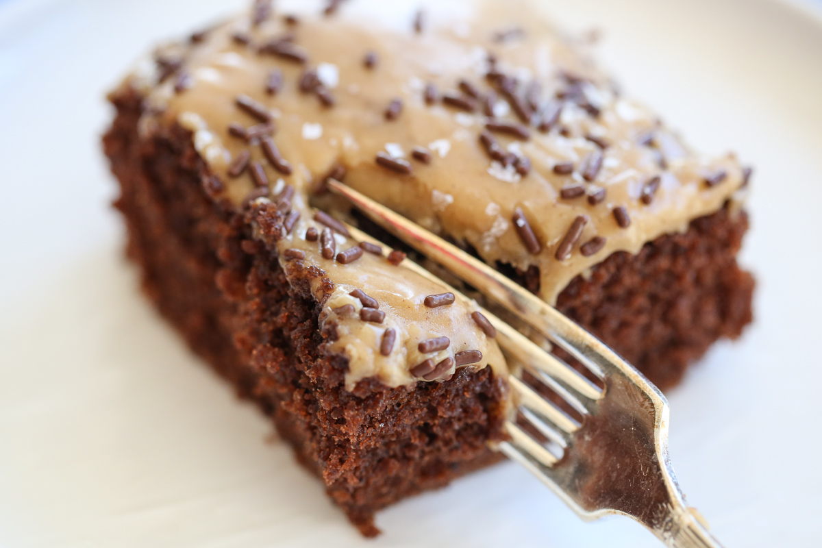 slice of chocolate cake with peanut butter frosting and sprinkles on top