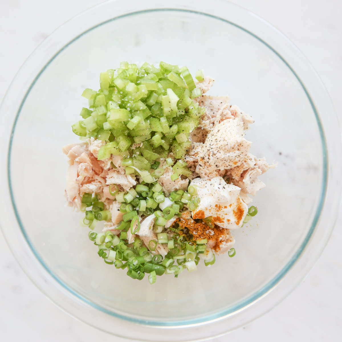 chicken salad in a mixing bowl