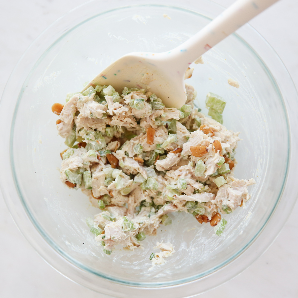 chicken salad in a mixing bowl