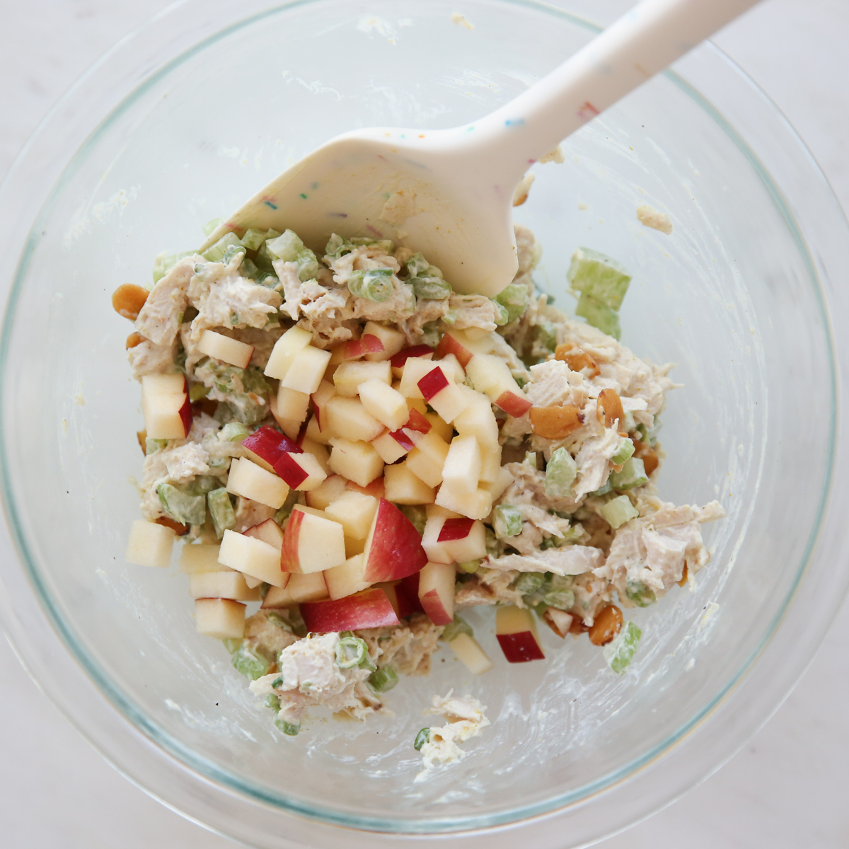 chicken salad in a mixing bowl
