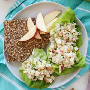 chicken salad on a plate with crackers and apples