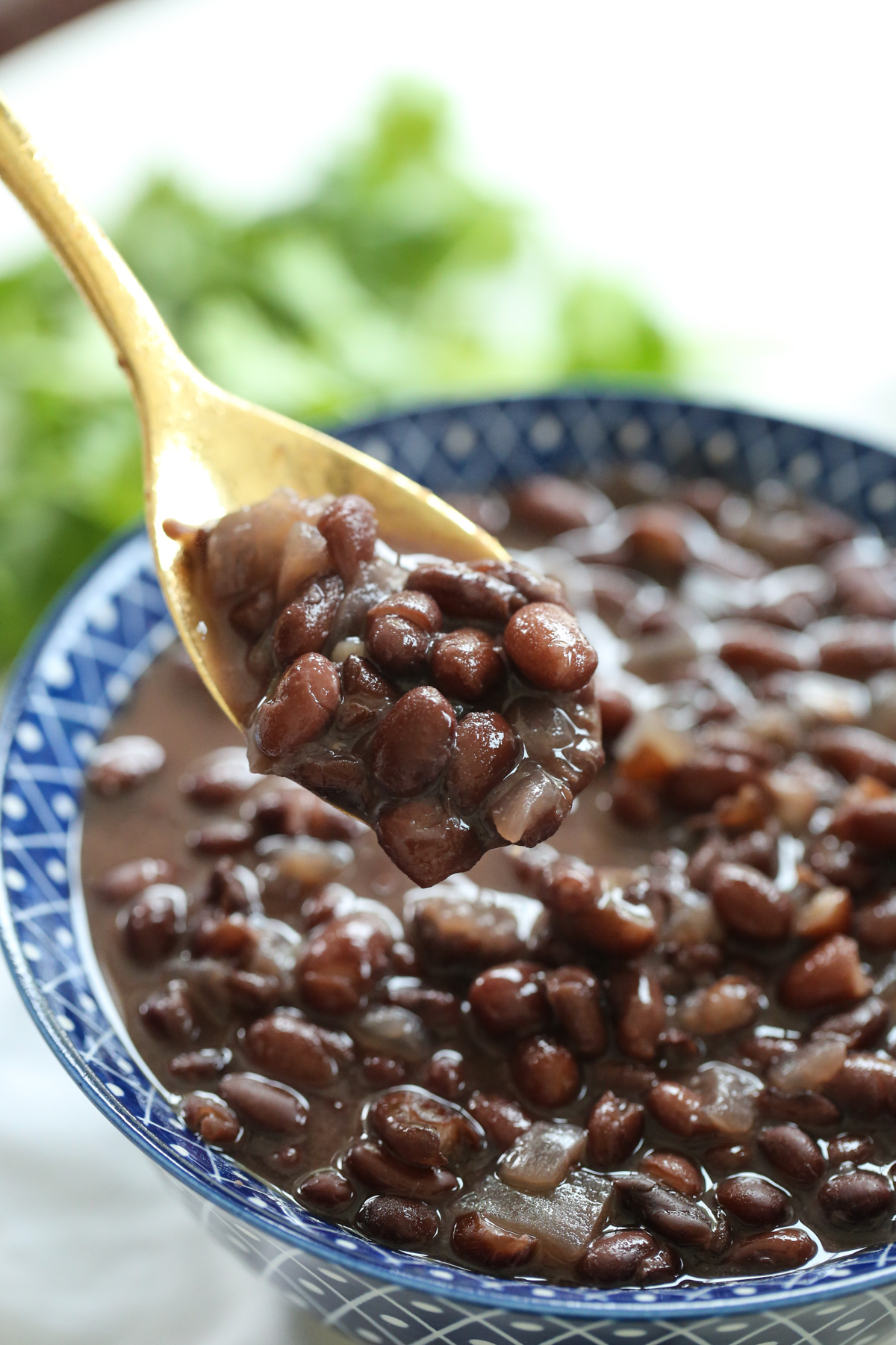 close up of cooked black beans in a blue bowl