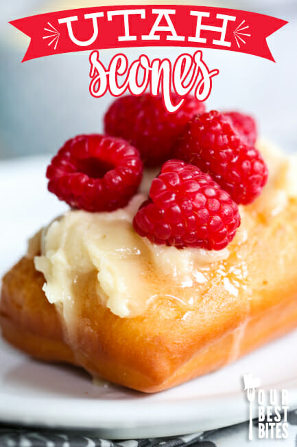 Utah scones with honey butter and fresh raspberries from OUr Best Bites