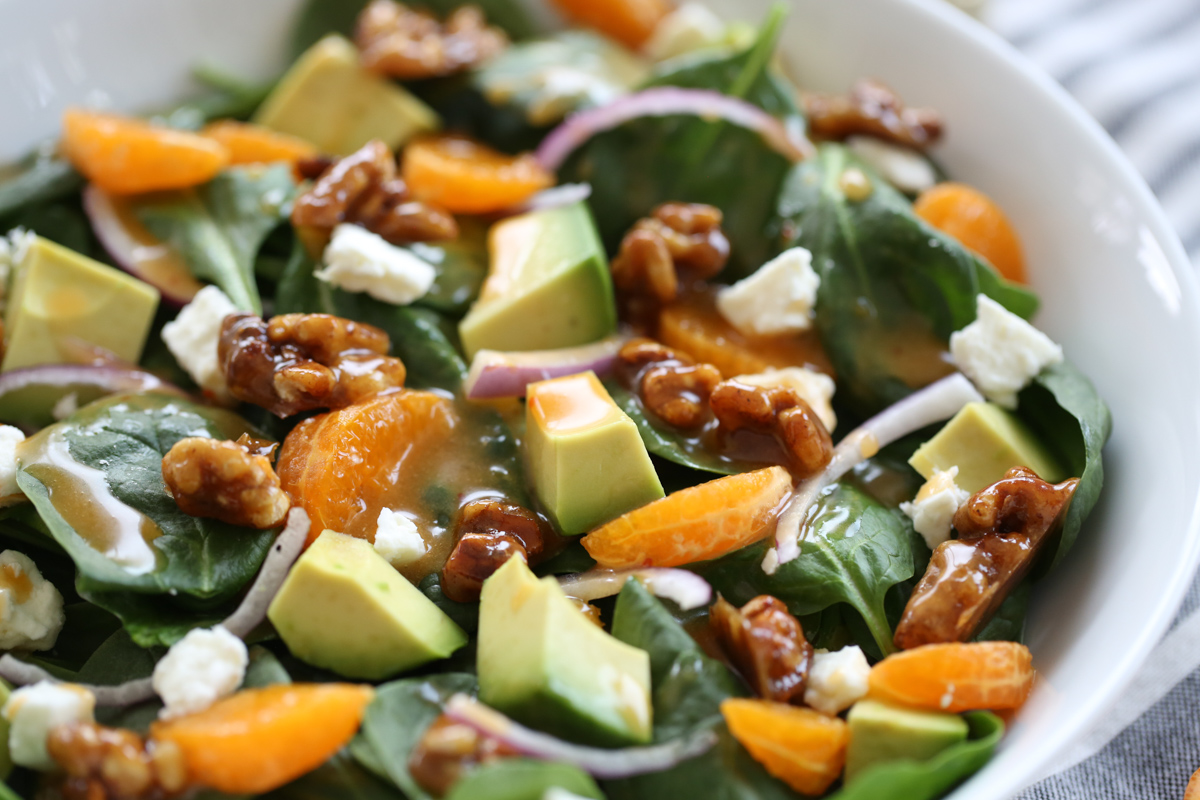 Close up of bowl of salad with pepper jelly vinaigrette