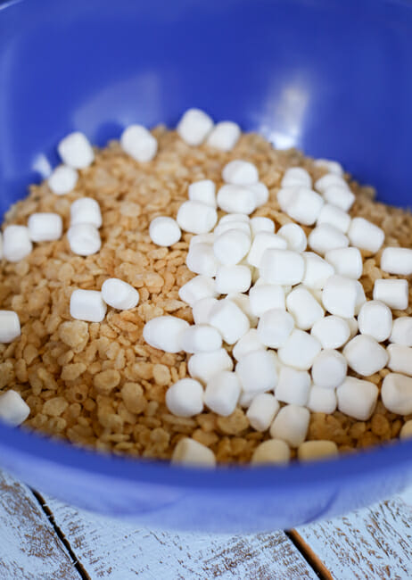 rice krispies and marshmallows in bowl