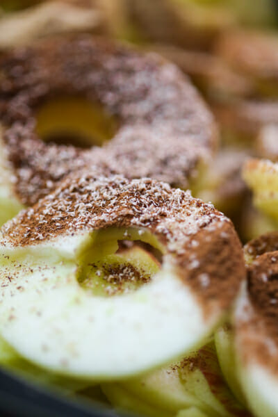 sliced apples in crockpot with cinnamon cloves ginger and nutmeg