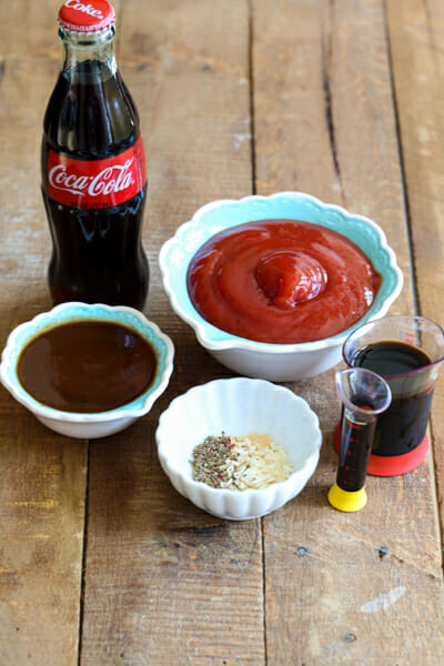 Coke, ketchup, A-1, onion powder, garlic powder, liquid smoke for Coca Cola BBQ Sauce