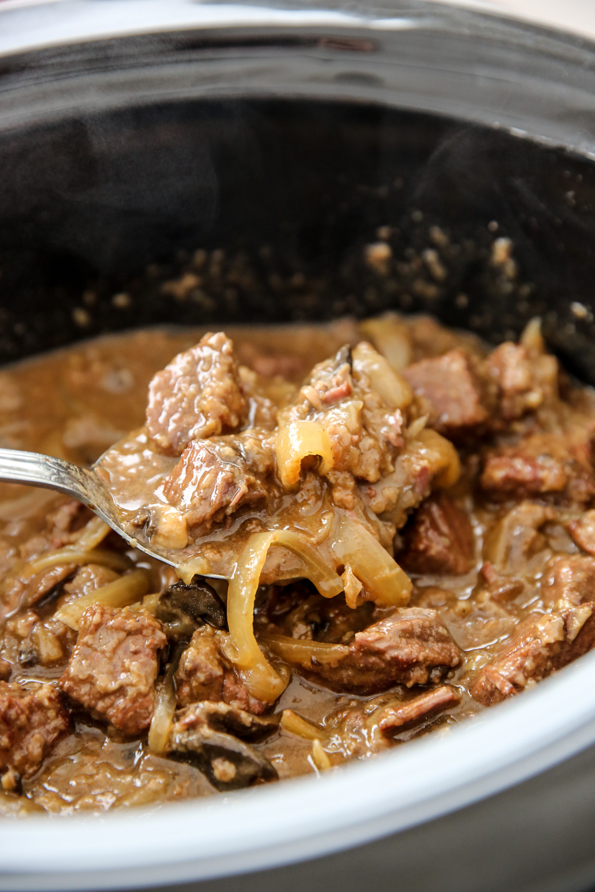 beef tips and gravy in a slowcooker