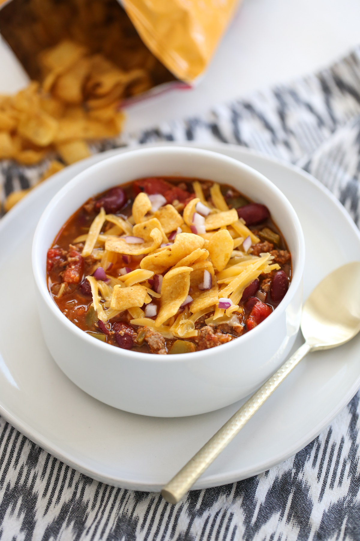 Easy Weeknight Chili in a white bowl