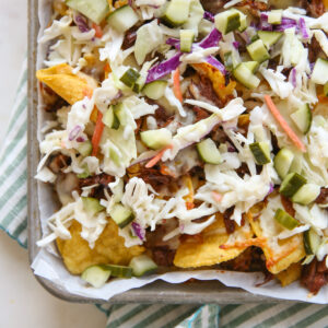 Pulled Pork Nachos on a sheet pan