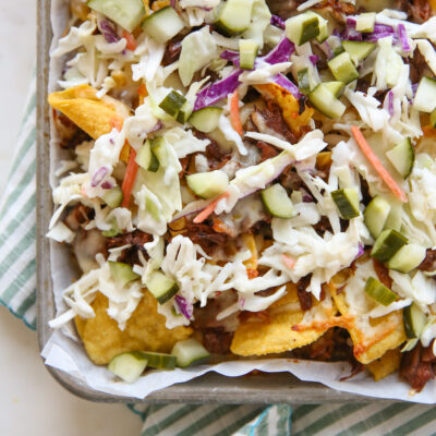Pulled Pork Nachos on a sheet pan