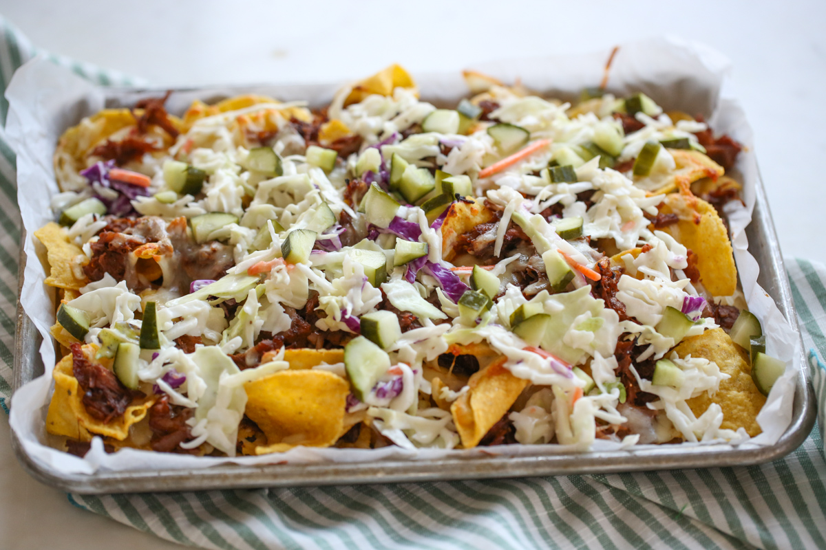 Pulled Pork Nachos on a sheet pan