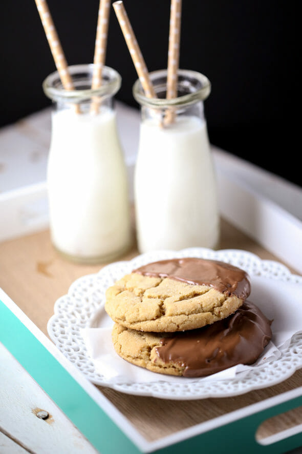 Chocolate dipped peanut butter cookies from Our Best Bites