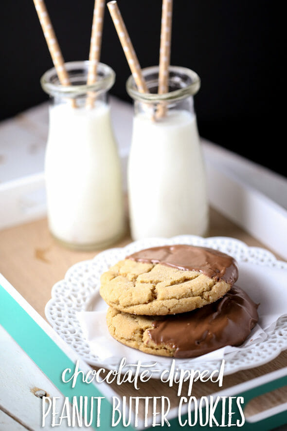 Chocolate dipped peanut butter cookies from Our Best Bites