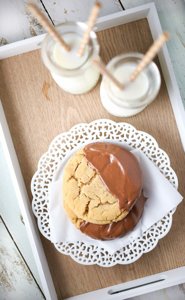 Chocolate dipped peanut butter cookies from Our Best Bites