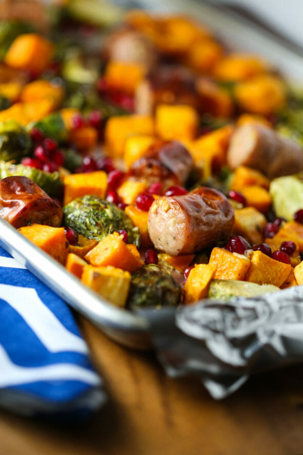 Quick, Easy, and Healthy single sheet pan dinner with roasted chicken sausage, Brussels sprouts, and sweet potatoes