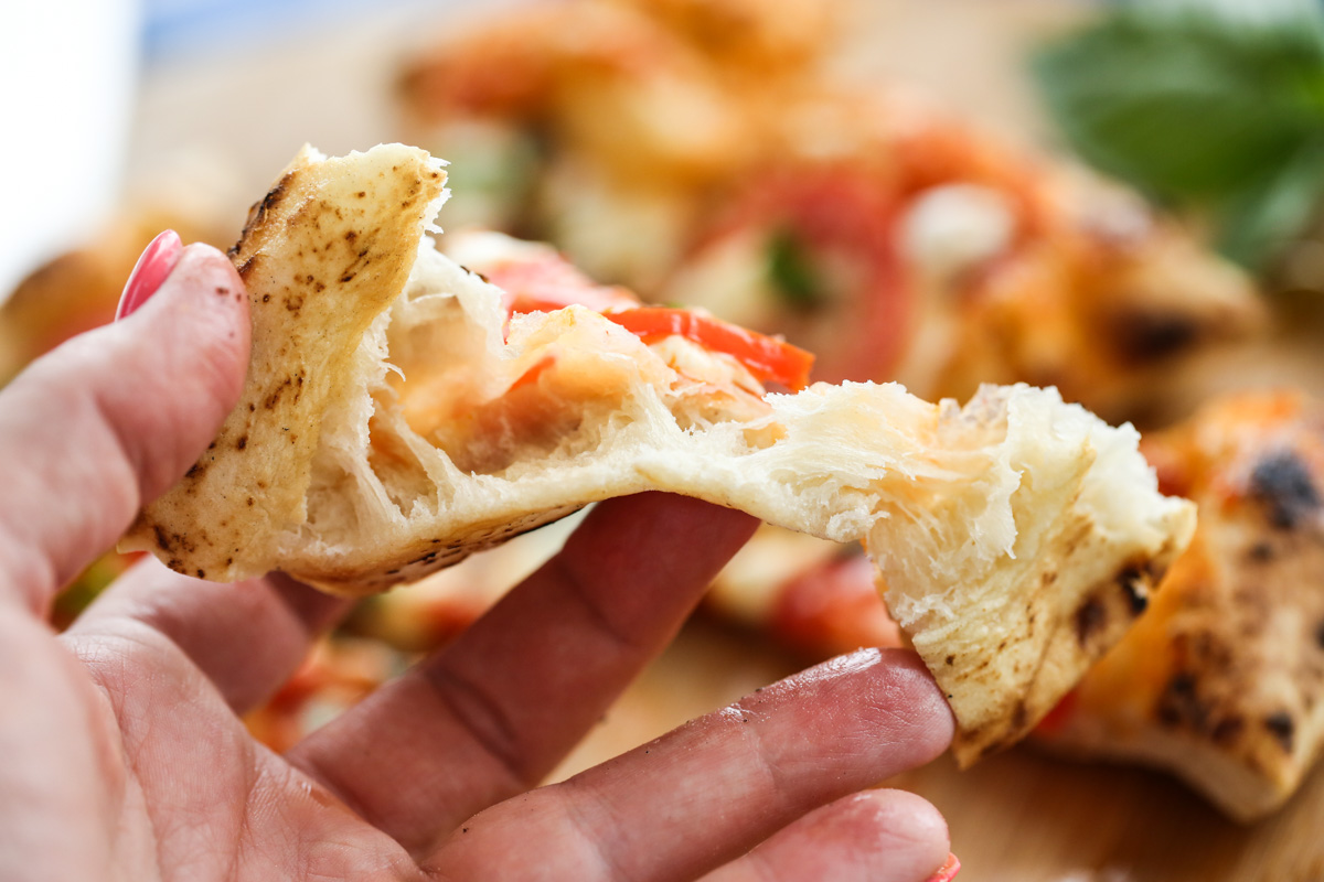 Cooked pizza with tomatoes and mozarella