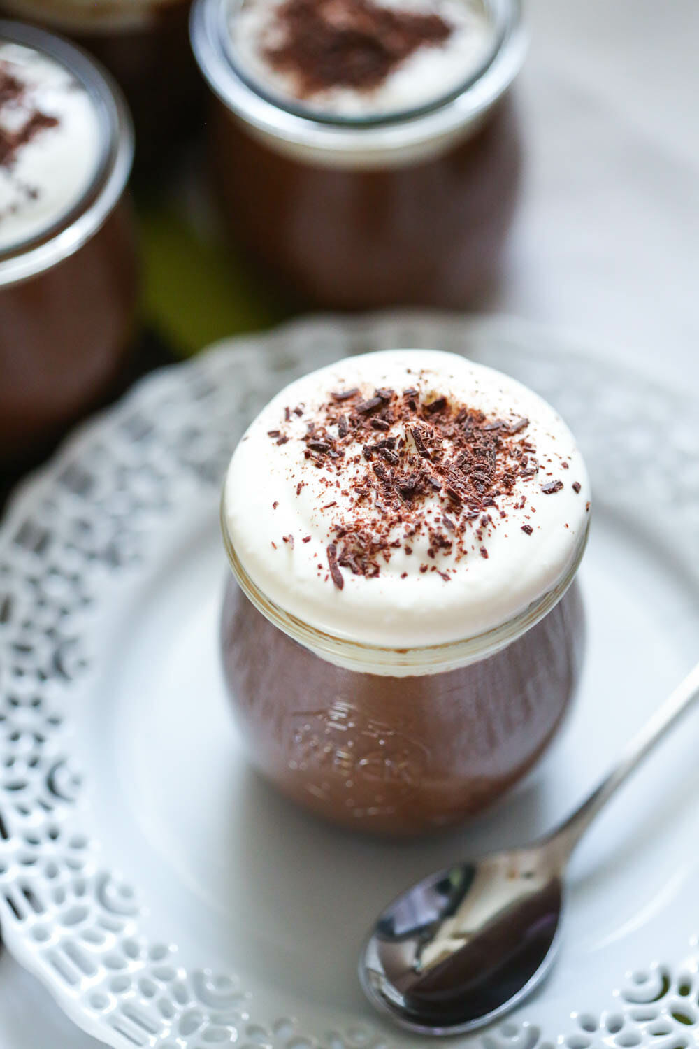 Chocolate Pots de Creme with American Heritage Chocolate overhead