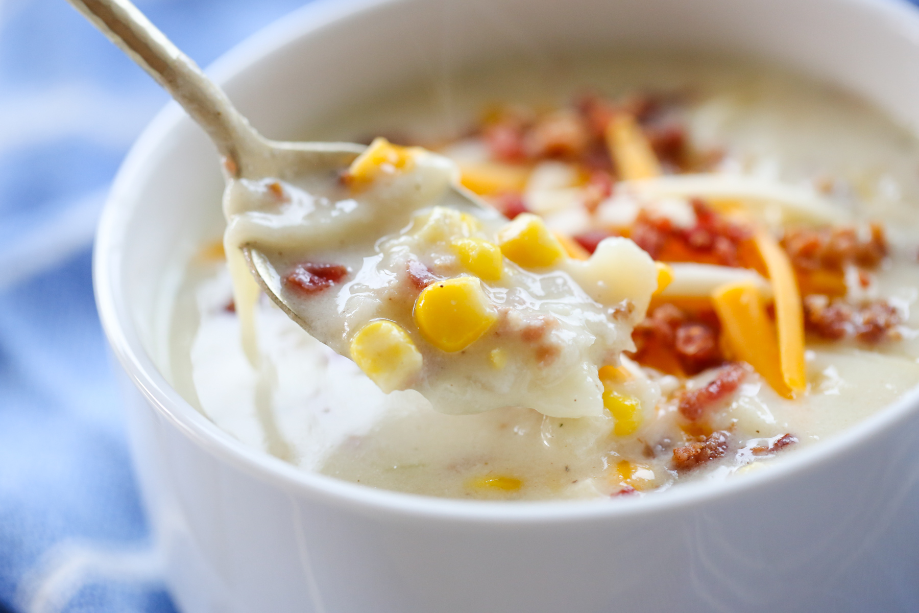 Corn chowder on a spoon
