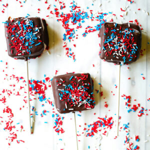 chocolate covered ice cream sandwiches on sticks with sprinkles