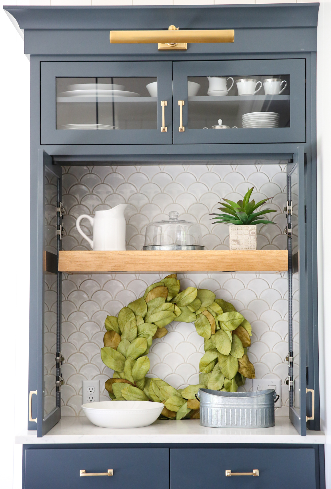 Blue gray built in dining room hutch