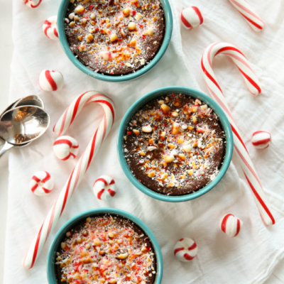 Chocolate Peppermint Creme Brulee in a pan