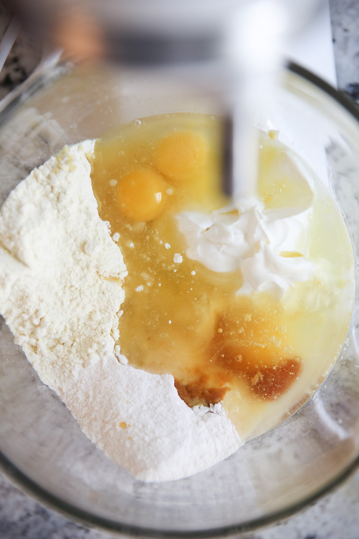 mixing cake batter in mixer