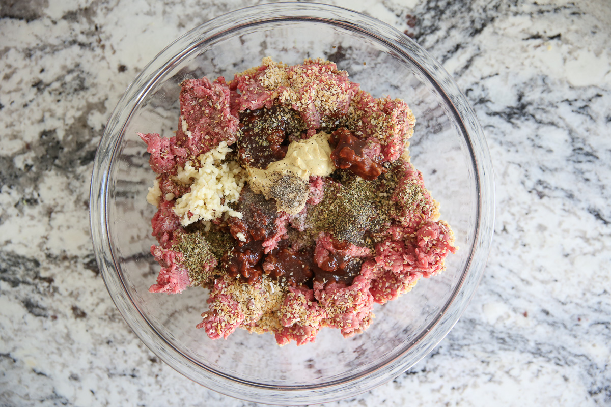 ground beef with seasonings in a bowl