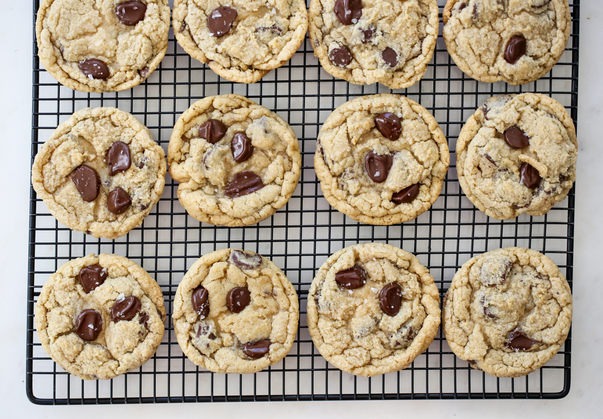 chocolate chip cookies on a cooling rack