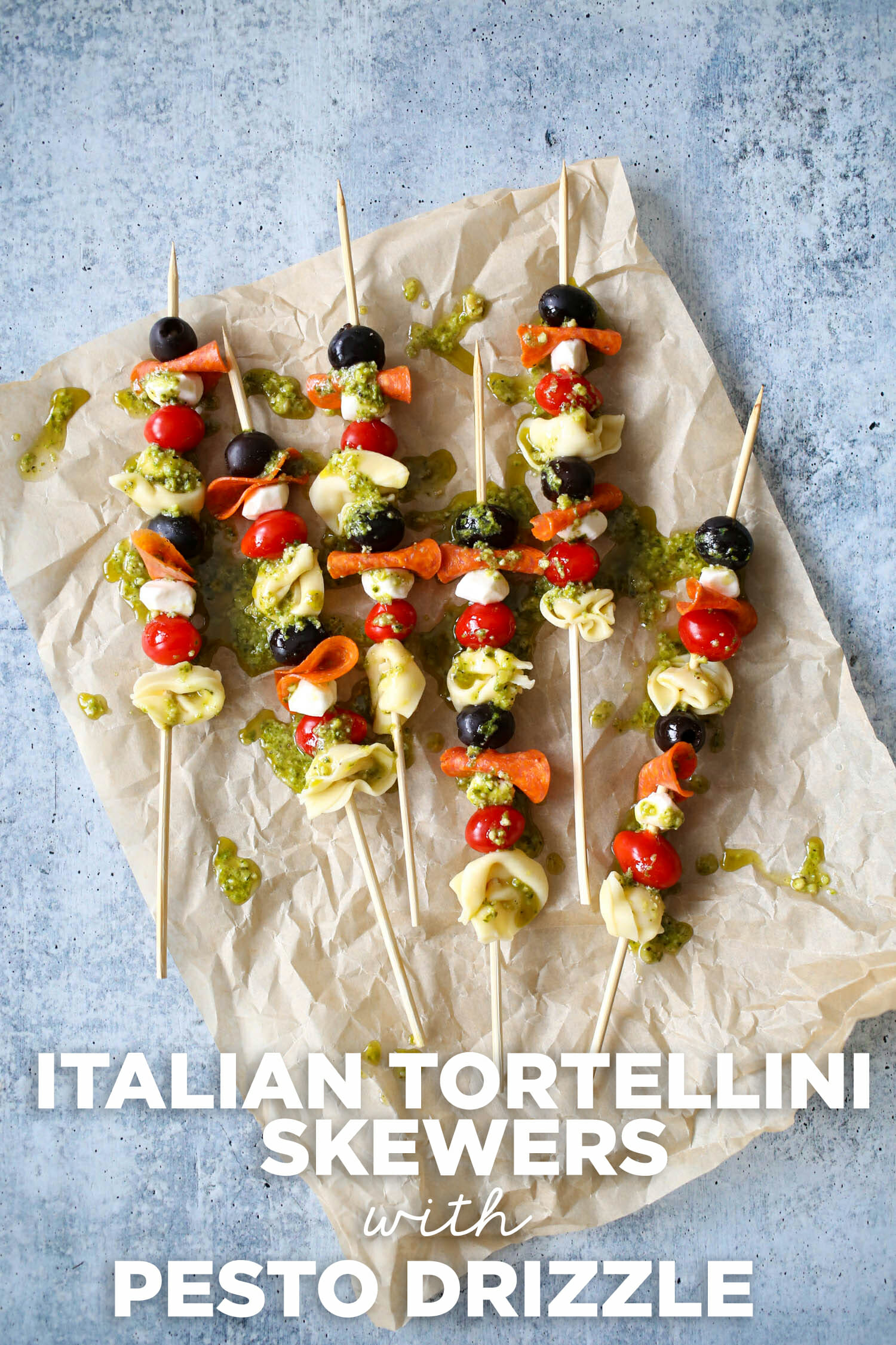 Italian Tortellini Skewers with Pesto Drizzle from Our Best Bites