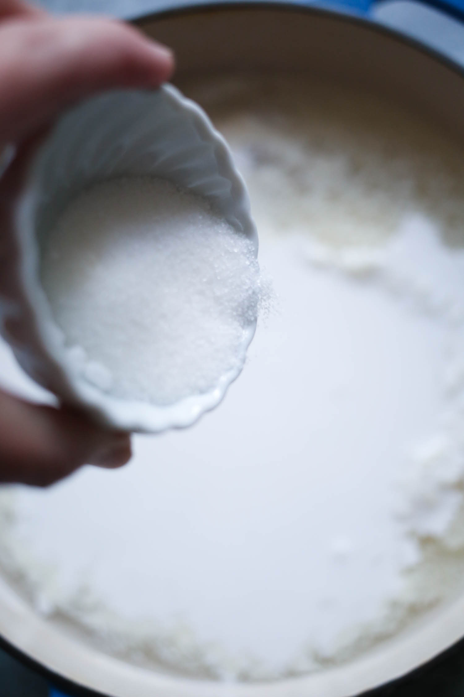adding salt and sugar to sweet and savory coconut rice from our best bites