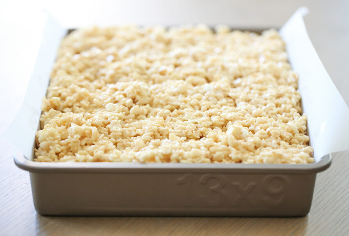 Salted Caramel Rice Krispie Treats In pan