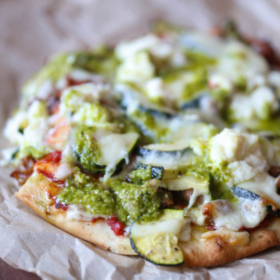 Italian sausage Pesto Flatbread Pizza from Our Best Bites
