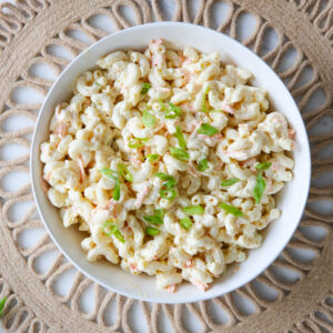 hawaiian macaroni salad in a white bowl