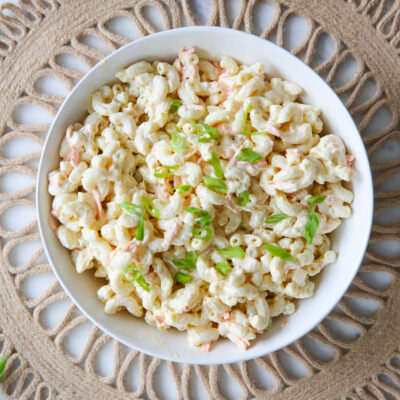hawaiian macaroni salad in a white bowl