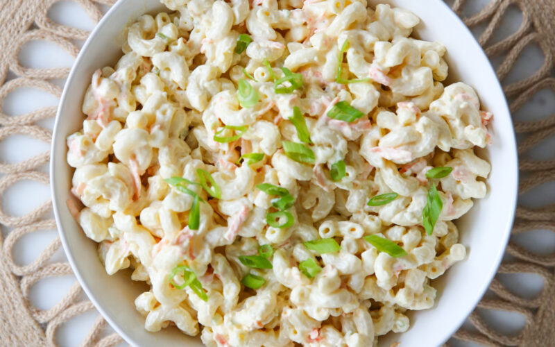 hawaiian macaroni salad in a white bowl