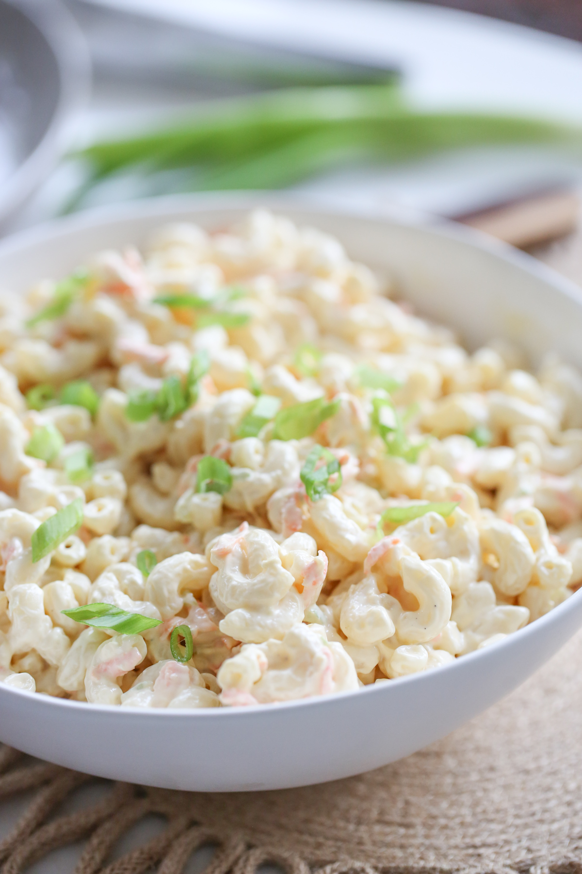 hawaiian macaroni salad in a white bowl