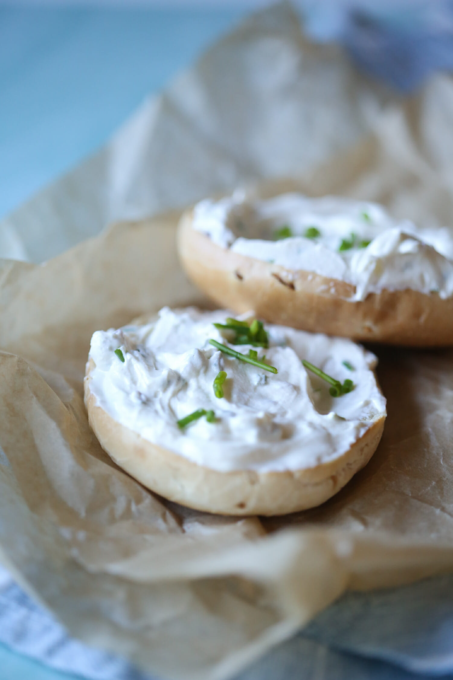 deli style whipped cream cheese on bagel