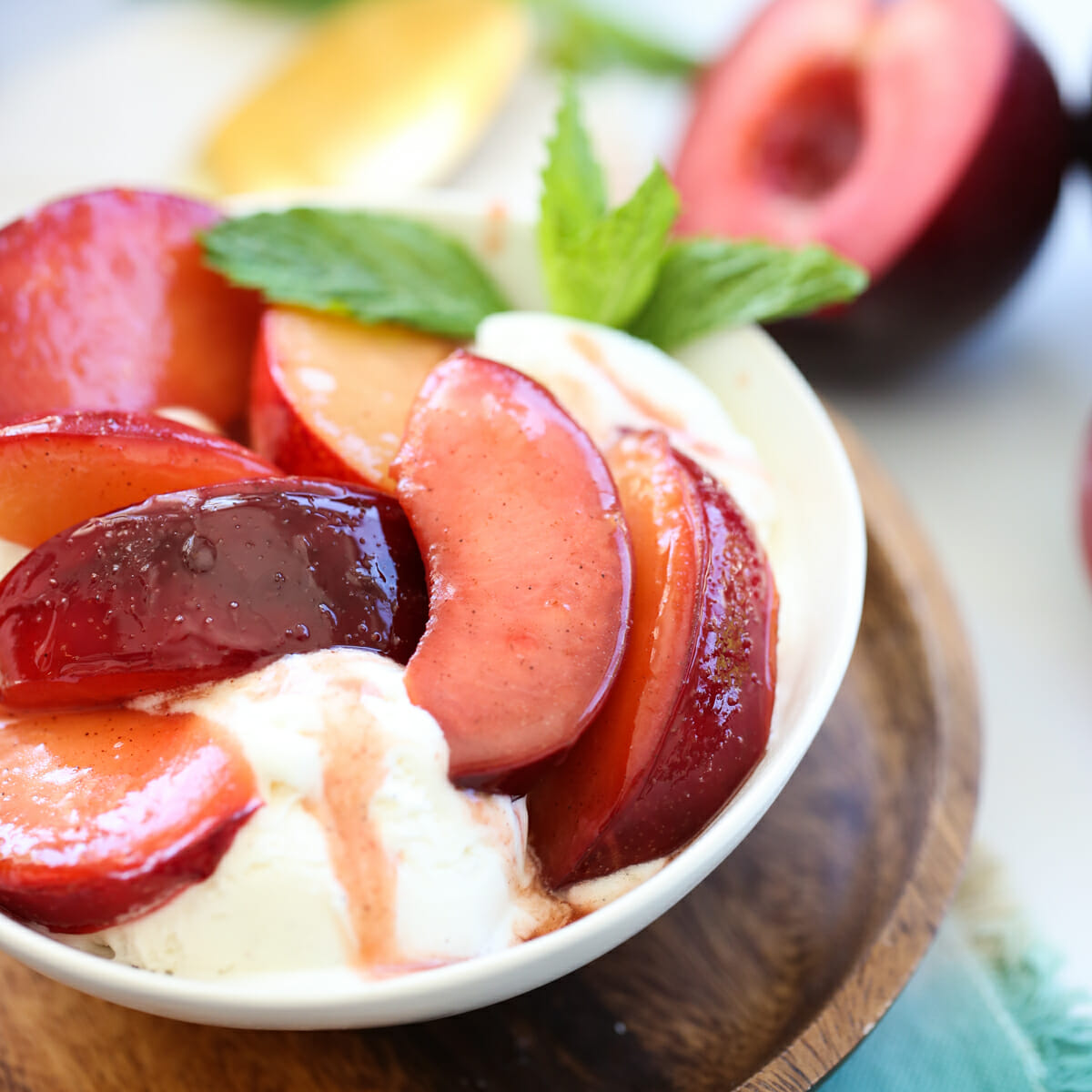 caramelized stonefruit over ice cream