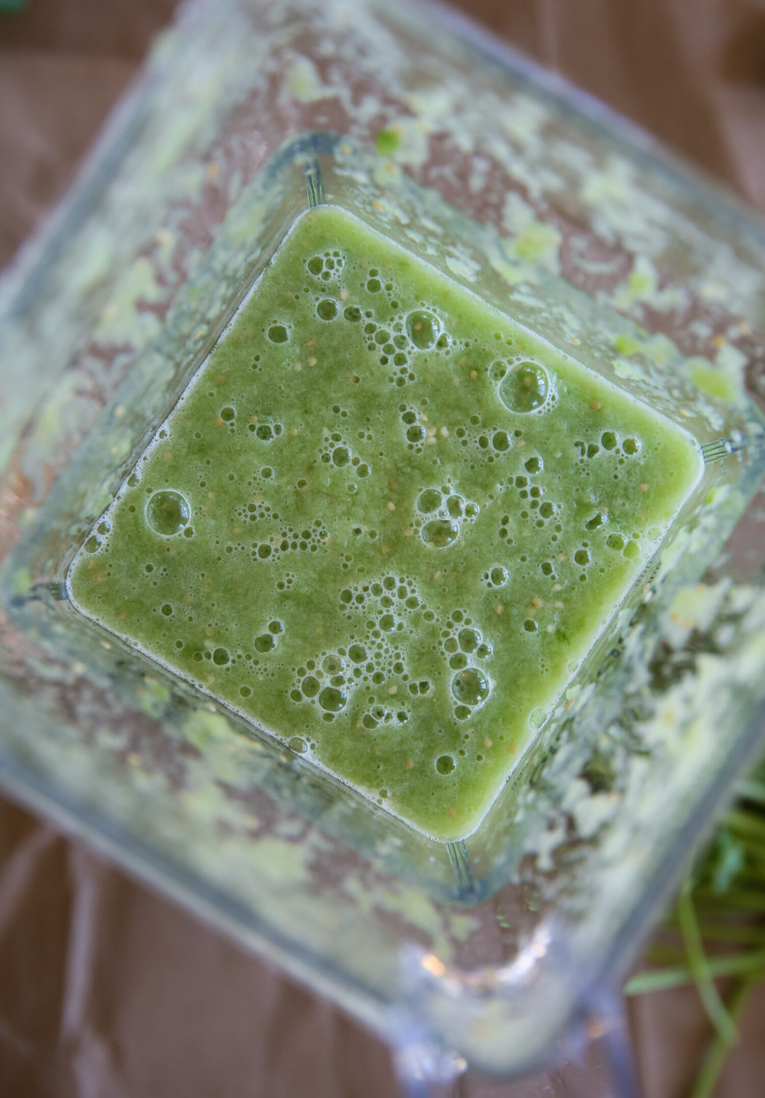 pureed tomatillos in blender jar 