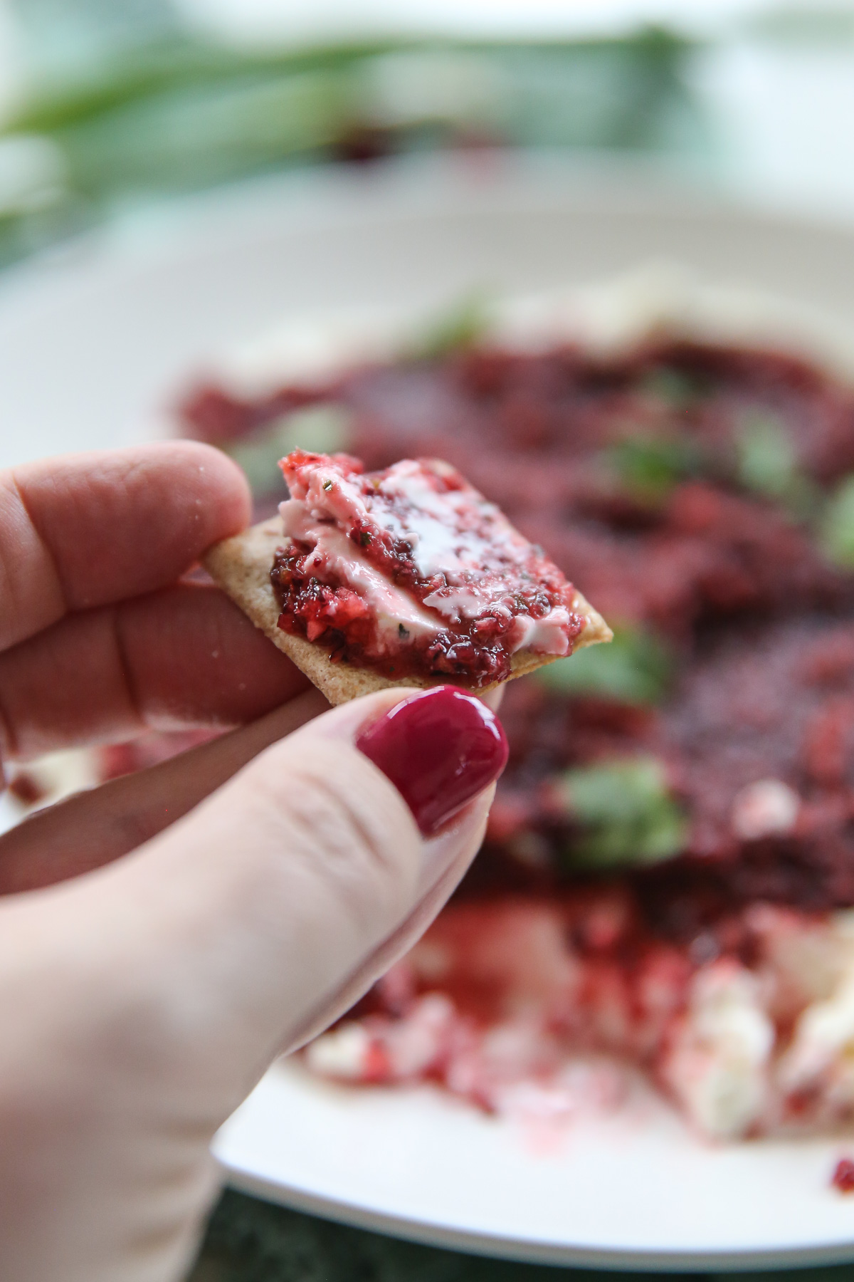 hand holdind cranberry salsa onto cracker