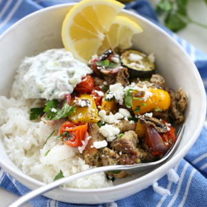 bowl of greek chicken with rice