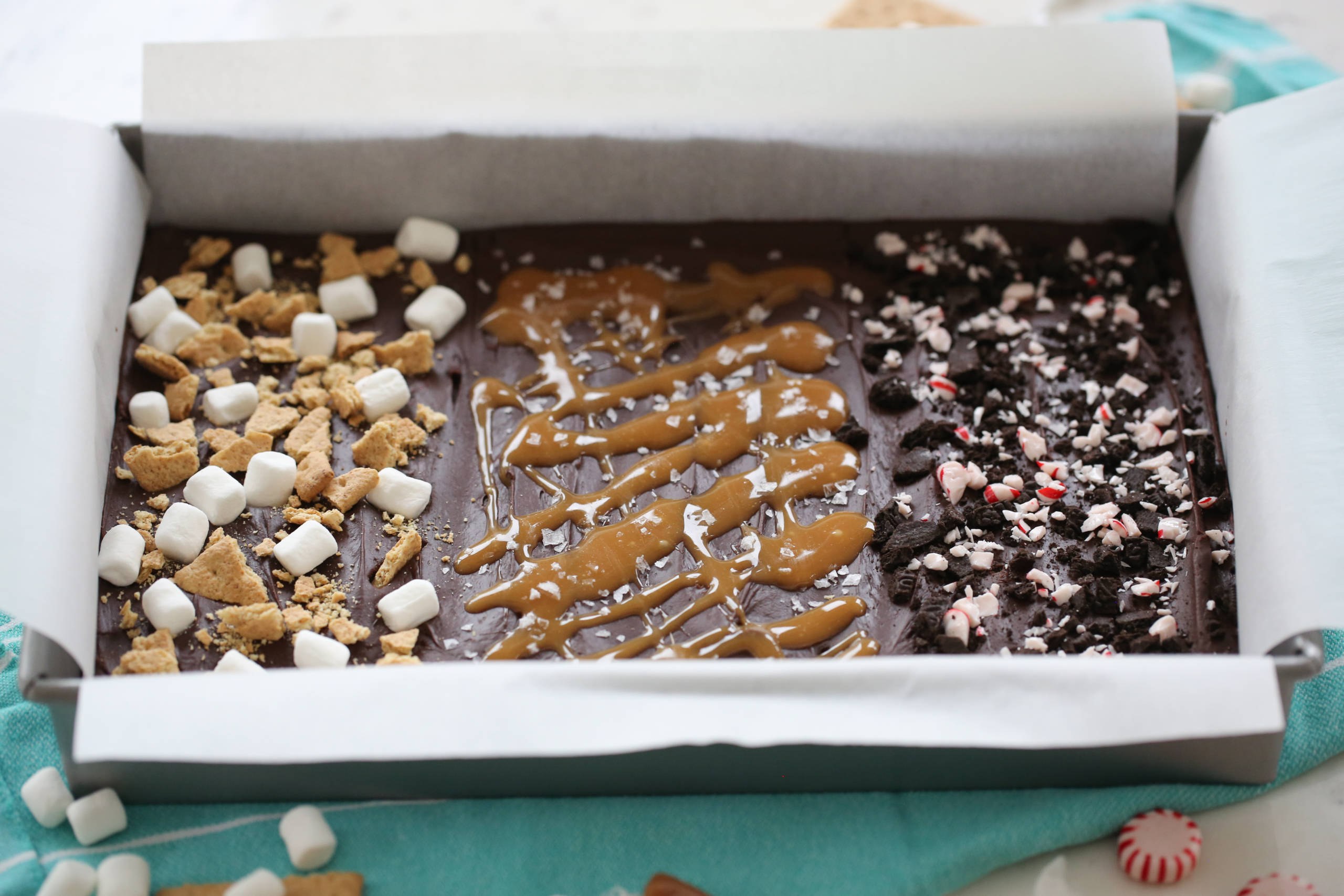 chocolate fudge with graham crackers, caramel, peppermint on top