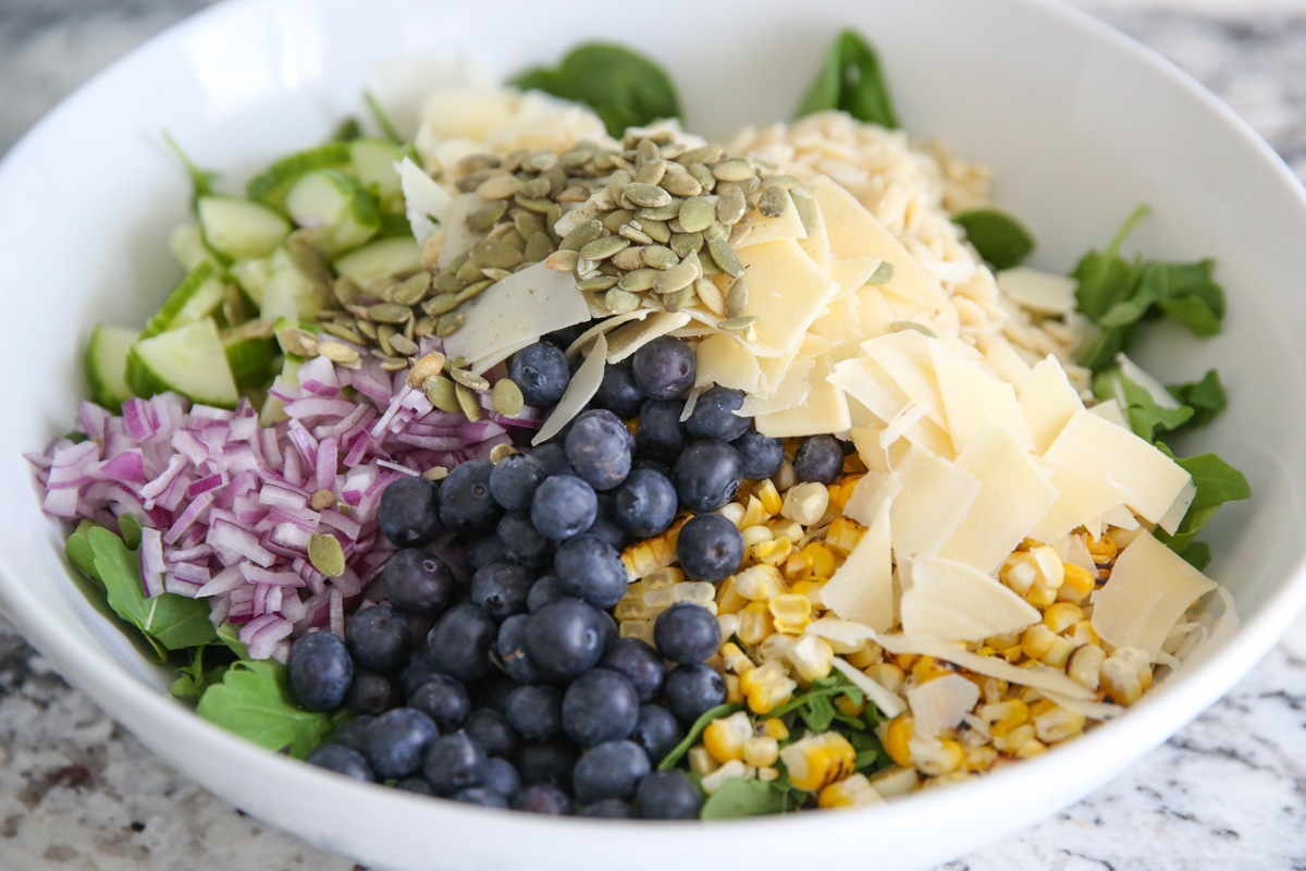 Basil Corn and Blueberry Salad in a bowl