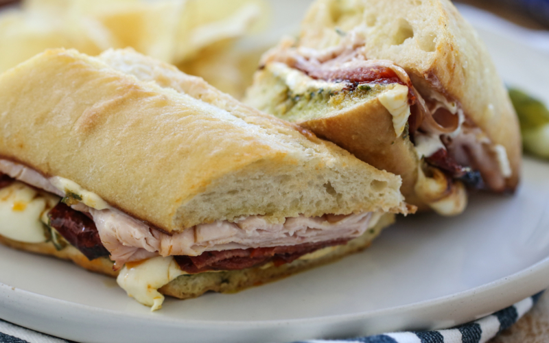 Hot italian sub sandwich on a plate